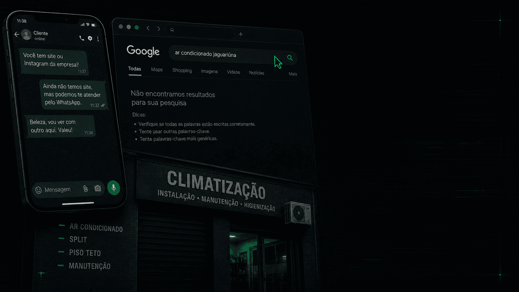 Celular, busca local e fachada de climatizacão representando falta de presenca online