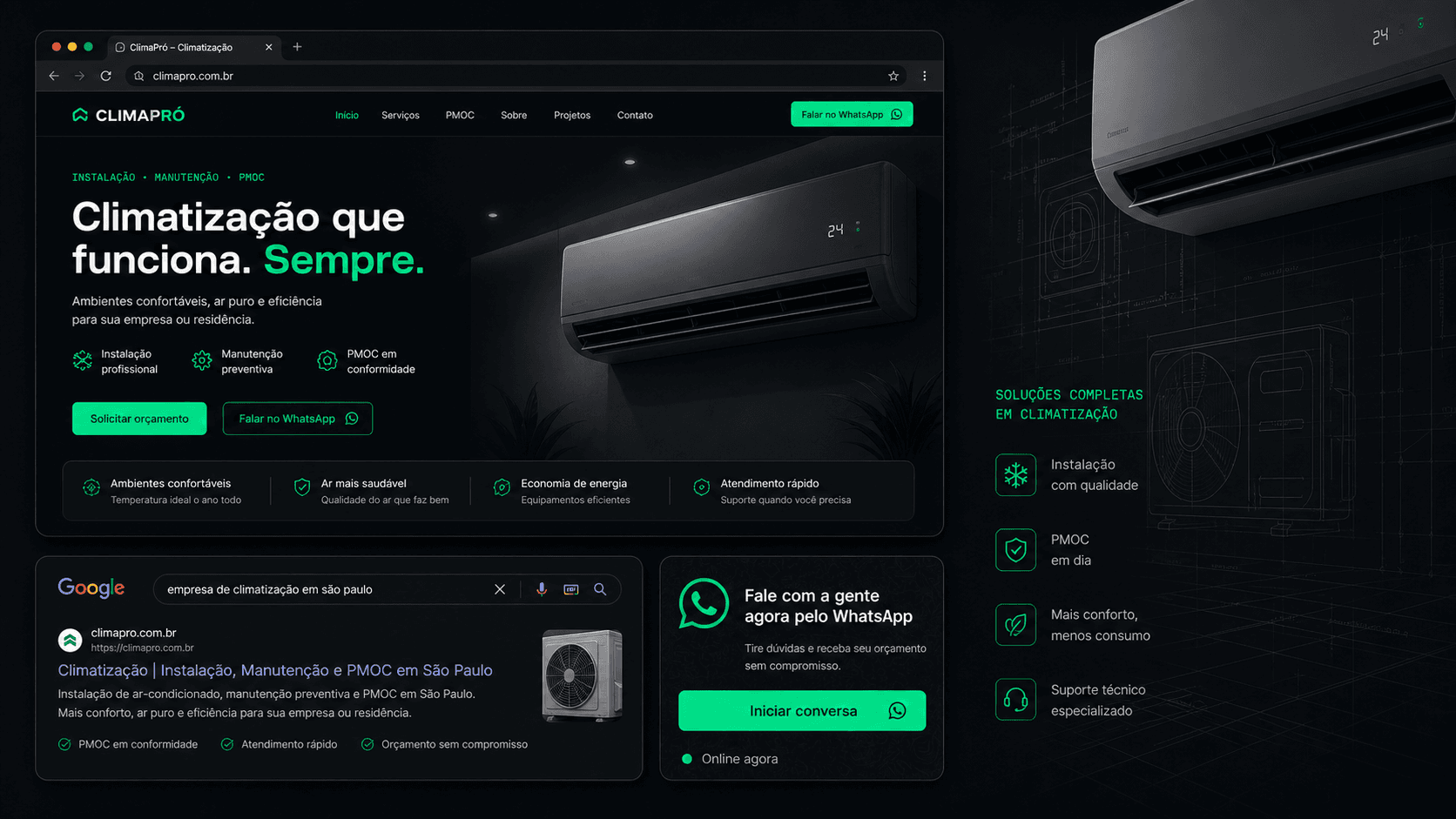 Mockup de site de climatizacão, busca Google e modulo WhatsApp